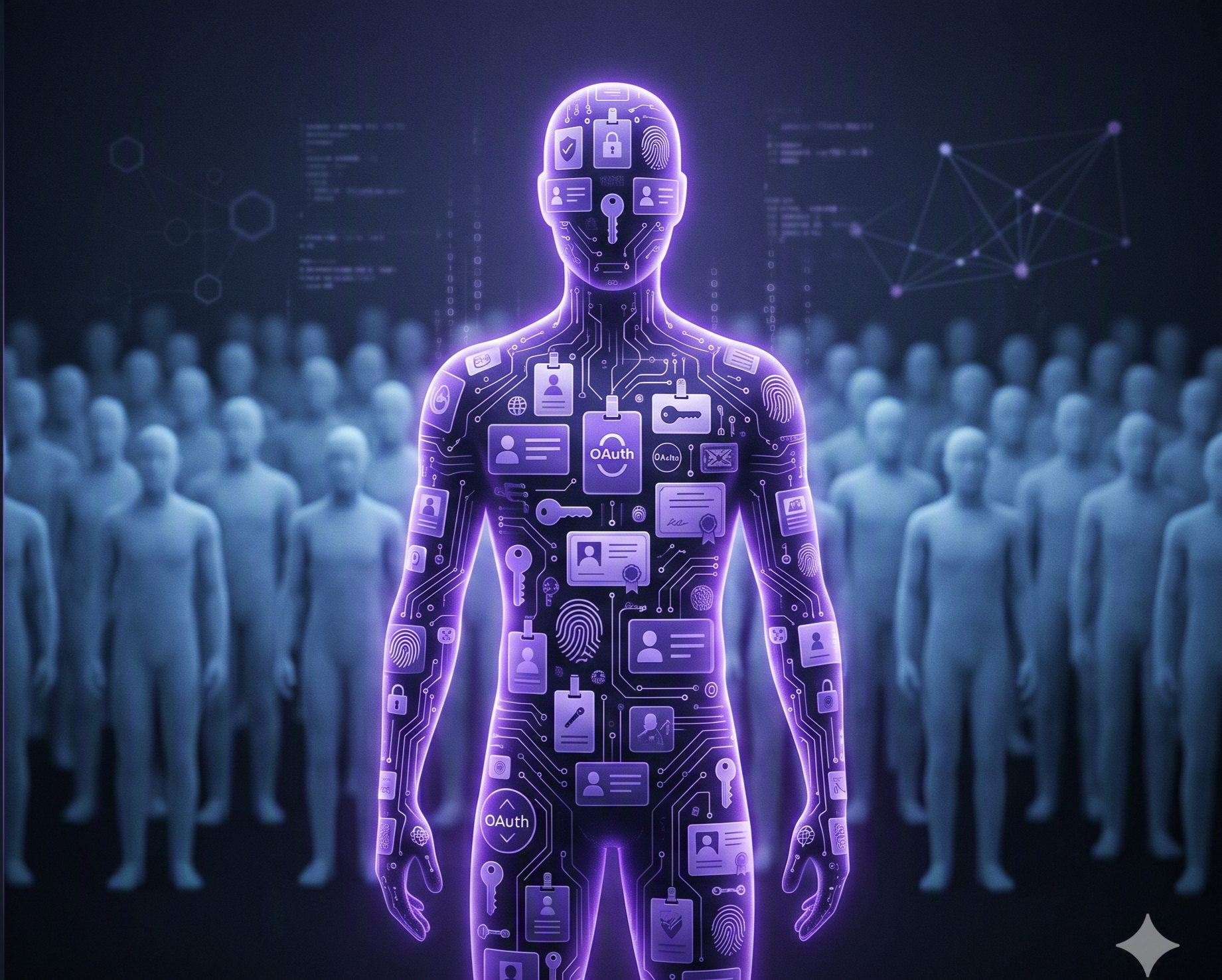 A humanoid AI agent silhouette composed of identity tokens, keys, and access badges, standing among a crowd of human identities — symbolizing non-human identities outnumbering humans