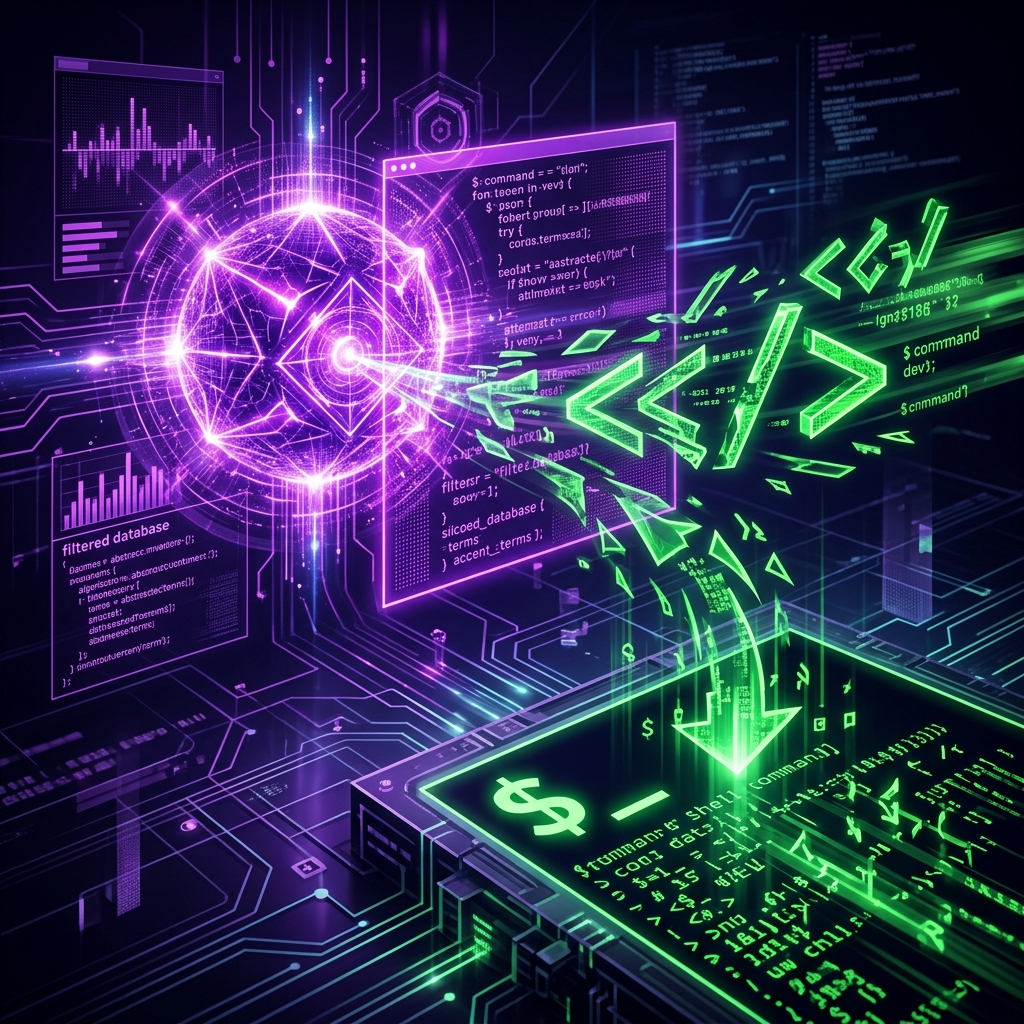 A sleek, dark, cybersecurity-themed illustration representing an AI agent being bypassed by a shell command.