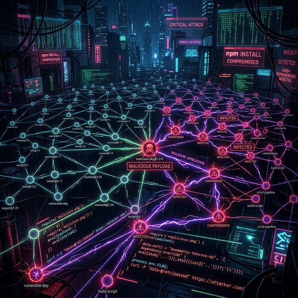 npm supply chain attack spreading through a dependency network